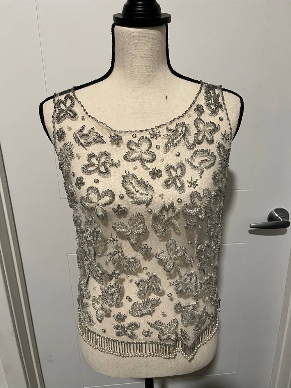 Vintage Intricate Embroidered Beaded Fringe Sheer Top Old Hollywood Glamour